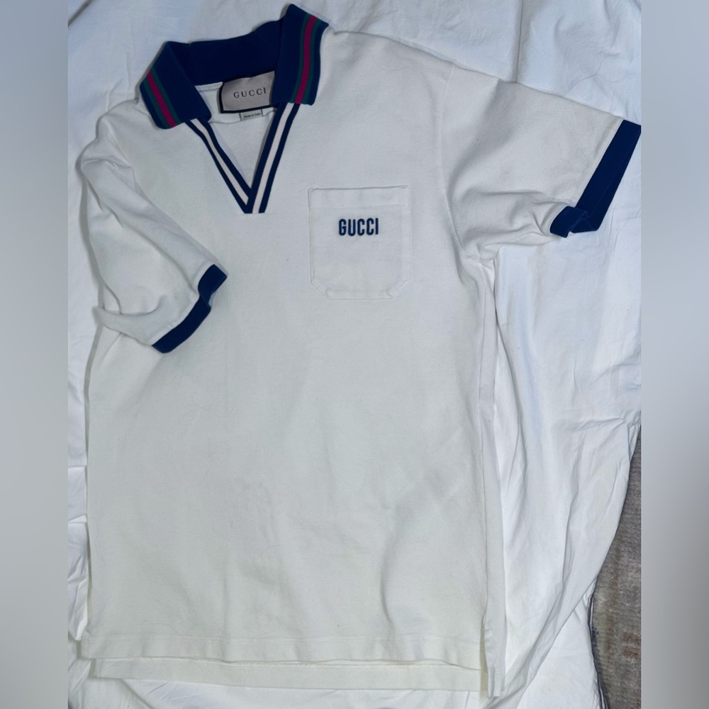 Gucci Cotton Pique Polo Shirt, Small, White with Stripe Collar